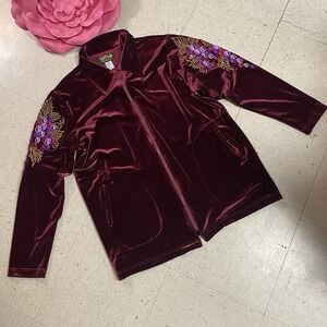 BOB MACKIE Velvet Full Zip Jacket Womens Sz M Wearable Art Burgundy Embroidered